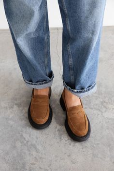 Introducing our  Brown Suede Loafers - a true fashion staple that combines timeless style with utmost comfort. Crafted from supple brown suede, these loafers are designed to elevate your everyday wardrobe effortlessly. The classic penny loafer silhouette adds a touch of sophistication, making them perfect for any occasion - be it dressing up for the office or casual outings with friends. With their versatile color, these brown leather loafers can easily be paired with jeans, dresses, or skirts. Fall Workwear Suede Slip-ons, Fall Suede Slip-on Platform Loafers, Brown Suede Slip-ons For Spring, Casual Suede Slip-ons With Brogue Detailing, Brown Suede Loafers Outfit Women, Suede Loafers With Suede Lining For Fall, Suede Loafers With Leather Footbed For Work, Casual Suede Platform Loafers With Rubber Sole, Brown Platform Loafers For Fall