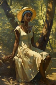 a painting of a woman in a yellow dress and hat sitting on a tree trunk