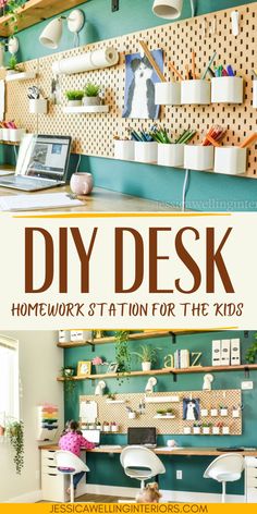 a desk with the words diy desk homework station for the kids in front of it