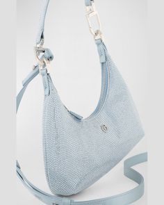 Giorgio Armani "La Prima" hobo bag in allover crystalembellished viscose and silk     Detachable flat top handle     Removable, adjustable shoulder strap    Can be worn as a top handle or shoulder bag     Zip top closure     Interior, one card slot     Lining: Polyurethane    Approx. 7.9"H x 9.1"W x 2.4"D    Dry clean    Made in Italy Unstructured Jacket, Armani Collection, Fancy Bags, Flats Top, Something Else, Powder Blue, Zip Top, Hobo Bag, Giorgio Armani