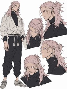 some anime characters with pink hair and long hair, one is wearing black pants and the other has white hair