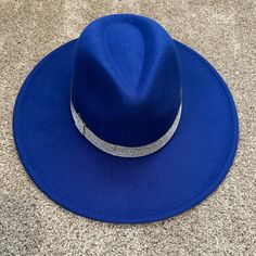 Brand New Adjustable Blue Fedora For Parties, Blue Rhinestone Hat For Summer, Blue Fedora With Short Brim For Parties, Blue Summer Hat With Rhinestones, Blue Fedora Party Hat, Blue Fedora Hat For Party, Blue Fedora Hat For Parties, Blue Fedora For Spring Party, Blue Party Hats For Winter