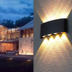 two different lighting fixtures on the side of a building at night and in front of a house