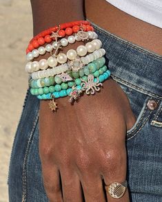 Create an everyday look you’ll never want to take off with timeless coral, pearl, and turquoise beaded bracelets. Which bracelet is your fav? Turquoise Beaded Bracelets, Gold Beaded Bracelets, Turquoise Bead Bracelet, Gold Bead Bracelets, Diamond Charm