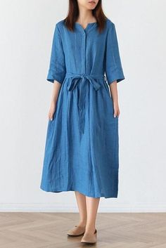 Name:                  Women Half Sleeve Loose Linen Belted Dress Fabric:                  Fabric has no stretchSeason:                Spring .Summer .FallType:                       DressSleeve Length:     Long SleeveColor:                  &nb Women Half Sleeve, Dress Sleeve Length, Maxi Styles, Loose Outfit, Women Clothes, Flower Dresses, Belted Dress, Xl Dress, Half Sleeve