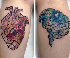 two tattoos that have different designs on their arms, one with a heart and the other with a brain