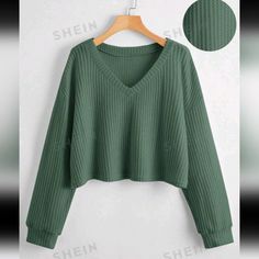 Shoulder 24.4" Length 19.9" Sleeve Length 21.2" Bust 48.4" Cuff 7.3" Waffle Knit Shirts, Cute Cropped Sweater, Cute Sweaters For Winter, Cute Green Sweater, Cute Womens Sweaters, Cute Tops For Winter, Green V-neck Top With Ribbed Cuffs, Green Waffle Knit Long Sleeve Top, Knit V-neck Top With Ribbed Cuffs