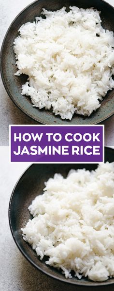 two black plates with rice on them and the words how to cook jasmine rice