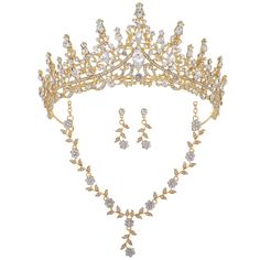 PRICES MAY VARY. Material:Alloy & Rhinestone Color:Gold White Queen crown Dimensions: Dia 16 cm Height 7.2 cm, Necklace: Pendant Size: 9.8*1.8 in; Chain Length (Adjustable): 19.6-22.4 in. Earrings (Pierced): 1.5*0.5 in.Each Earring Weight:3.7g. Total Weight: 38g. WEARING POINTS : The Tiaras crown has a small hole, which should be fixed on the hair with a clip. ( bobby pins included ). You could also use ribbon to secure the tiaras. Thread the ribbon through the two holes and tie around your head Quince Jewelry Set Gold, Quince Jewelry Set, White Queen Crown, Hair With A Clip, Queen Of Hearts Crown, Quince Jewelry, Princess Party Costume, Halloween Prom, Crowns For Women