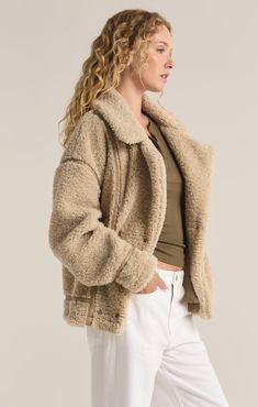 Wrap yourself in comfort with this jacket, made from plush short-haired sherpa jacket accented with faux leather trim details. Featuring a collared, button front design and pockets, combining a classic cozy feel with modern style. Womens Sherpa, Sherpa Coat, Short Loungewear, Toddler Accessories, Denim Day, Long Sleeve Outerwear, Double Breasted Jacket, Sherpa Jacket, Short Sleeved Sweaters