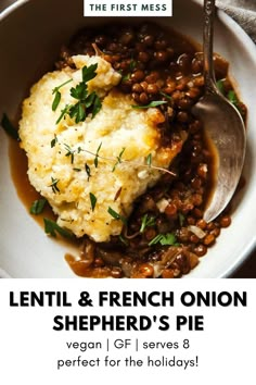 lentil and french onion shepherd's pie on a white plate with a spoon