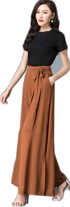 High Waist Brown Skirt, Fitted Brown Pleated Skirt Bottoms, High-waist Maxi Skirt With Elastic Waistband For Work, Elegant Brown Wide Leg Pants With Pockets, Elegant Brown Maxi Skirt, Elegant Brown Flowy Maxi Skirt, Elegant Flowy Brown Maxi Skirt, Brown Solid Color Long Skirt, Brown High-waisted Maxi Skirt For Summer