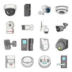 various security cameras and other electronic devices are shown in this set, including one with a camera