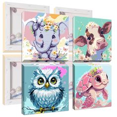 four different pictures of animals on canvases with flowers in their hair and an owl wearing a flower crown