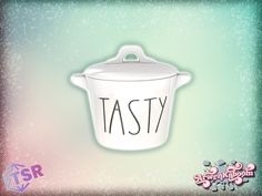 a white pot with the word tasty written on it's side in front of a green background