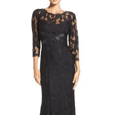 Brand New, With Tags, Never Been Worn! Size 4 And 8 Color: Black. Retail Price: $349. This Illusion-Yoke Lace Gown Gets Its Incredibly Flattering Shape From A Scalloped Bateau Neckline, Crisscrossed Empire Waist And Slenderizing Princess Seams That Flounce Toward The Flared Hem. 62" Front Length; 69" Back Length. Back Zip Closure. Illusion Yoke With Bateau Neck. Sheer Three-Quarter Sleeves. Lined. Elegant Black Dress With 3/4 Sleeves, Elegant Lace Dress With 3/4 Sleeves, Elegant Cocktail Evening Dress With 3/4 Sleeves, Fitted Evening Dress With 3/4 Sleeves For Gala, Formal Lace Dress With 3/4 Sleeve, Fitted Evening Dress With 3/4 Sleeves, Elegant Party Dresses With 3/4 Sleeves, 3/4 Sleeve Mother Of The Bride Dress For Party, Fitted Cocktail Dress, 3/4 Length