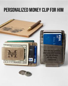 there is a wallet and some money next to it with the words personalized money clip for him