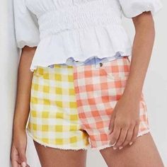 Nwt Brand: Farm Rio Size: Large Color: Orange, Yellow, Blue, White A Delightfully Colorful Gingham Print Transforms These Shorts Into The Ultimate Mood-Boosting Summer Staple. When Paired With A Romantic Blouse, They Have Us Daydreaming Of Picnics And Beach Getaways. - Exclusively For Anthropologie - Cotton - Side Slant And Back Patch Pockets - Front Zip - Machine Wash Gingham Cotton High-waisted Shorts, High-waisted Gingham Cotton Shorts, Trendy Plaid Shorts For Day Out, Summer Cotton Gingham Shorts, Summer Gingham Cotton Shorts, Gingham Cotton Summer Shorts, Summer High Waist Patchwork Shorts, Short Spring Bottoms With Patchwork, White Patchwork Short Bottoms