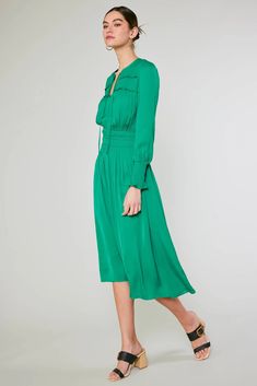 Aida Smocked Midi Dress – CURRENT AIR Green Midi Dress With Gathered Sleeves For Party, Elegant Long Sleeve Smocked Dress With Smocked Cuffs, Elegant Long Sleeve Smocked Dress, Green Ruched Midi Dress, Spring Midi-length Long Sleeve Dress With Gathered Sleeves, Spring Midi Long Sleeve Dress With Gathered Sleeves, Spring Long Sleeve Midi Dress With Gathered Sleeves, Green Ruched Midi Dress For Fall, Elegant Long Sleeve Smocked Dress With Elastic Sleeves