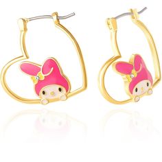 Step into the charming world of Sanrio with these Hello Kitty Brass My Melody Heart Hoop Earrings. Crafted with intricate details, these earrings feature the iconic My Melody character within heart-shaped hoops, adding a playful and stylish touch to your look. Cute Heart-shaped Metal Earrings, Cute Pink Hoop Earrings For Valentine's Day, Cute Metal Earrings For Valentine's Day, Pink Hoop Earrings For Valentine's Day, Kawaii Metal Jewelry, Cute Nickel-free Metal Hoop Earrings, Cute Gold Heart Earrings For Pierced Ears, Cute Gold Heart Earrings Nickel Free, Cute Metal Hoop Earrings