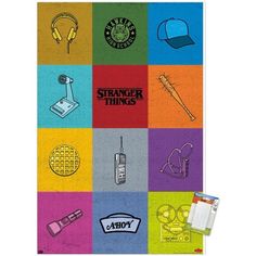 a poster with the words strange things on it and various items in different color squares