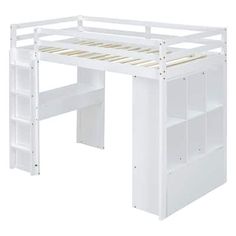 white loft bed with desk underneath it and shelves below the bottom bunk, on an isolated white background