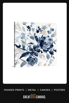 a painting with blue flowers on it and the words framed prints metal canvass posters