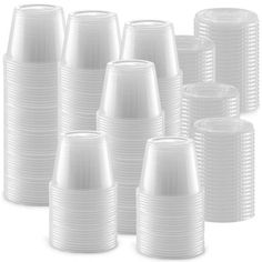 large stack of white plastic cups on a white background