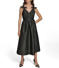 Donna Karan Sleeveless V-Neck Bow Detail Dress | Dillard's Spring Cocktail V-neck Dress With Fitted Bodice, V-neck Gala Dress With Pleated Bodice, V-neck Midi Dress With Pleated Bodice For Evening, Sleeveless V-neck Dress With Fitted Bodice For Party, Evening Midi Dress With Pleated Bodice And V-neck, V-neck Sleeveless Dress For Gala, Evening Dress With Pleated Bodice And V-neck, Cocktail Evening Dress With V-neck And Lined Bodice, Evening Sleeveless A-line Dress With Ruched Bodice