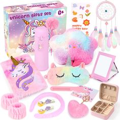 the unicorn gift set is pink, blue and white with accessories for girls to use