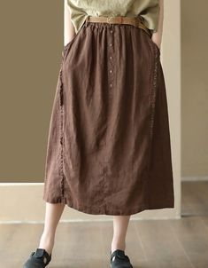 Women's Buckles Summer Linen Skirt — Obiono Relaxed Fit Brown Skirt, Brown Cotton Knee-length Skirt, Casual Brown Solid Color Skirt, Casual Brown Lined Skirt, Non-stretch Brown Cotton Skirt, Non-stretch Brown Skirt With Pockets, Spring Brown Relaxed Fit Skirt, Brown Skirt With Pockets For Summer, Brown Summer Skirt With Pockets