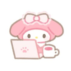 an image of a hello kitty with a laptop and coffee cup in her hand, holding a mug