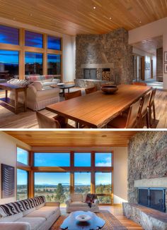 this living room has two large windows and a stone fireplace in the center, along with wood paneling on the walls