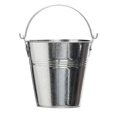 a silver metal bucket with handle on a white background