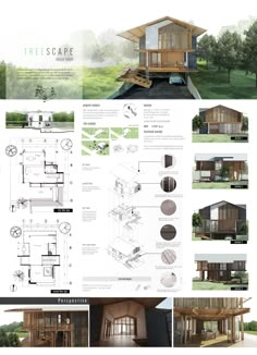 the plans for a small cabin are shown in several different styles and colors, including wood