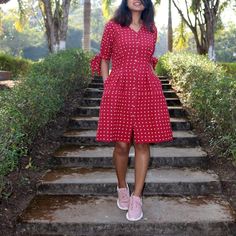 Red Polka Dot Linen Dress, Hand block print dress, Pleated dress, Made to order, Custom made, Plus size-Model height: 5'3" wearing size S-Length: 36"-Tie-up sleeve-Shell button Red Printed Cotton Dress, Red Cotton Block Print Dress, Fitted Red Block Print Dress, Red Fitted Block Print Dress, Red Cotton Knee-length Dress, Red Knee-length Cotton Dress, Fitted Casual Block Print Dress, Casual Fitted Block Print Dress, Red Block Print Summer Dress