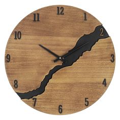 a wooden clock with the shape of a wave on it's face and hands