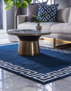 a living room with a couch, coffee table and potted plant on the rug