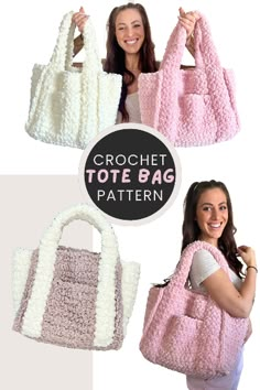 crochet tote bag pattern with instructions for the front and back pockets, including two