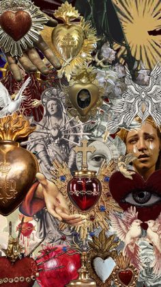 an artistic collage with many different items and symbols on it's surface, including heart shaped objects