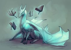 a white dragon sitting on top of a floor next to books flying in the air