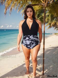 Olivia Mark - Womens Plus Size Vacation Swimsuit: Contrast Floral Print Deep V-Neck Halter One-Piece Bathing Suit Plus Size Vacation, Vacation Swimsuit, Black Bathing Suits, Big & Tall, Olivia Mark, Deep V Neck, Bathing Suit, Deep V, Bathing Suits