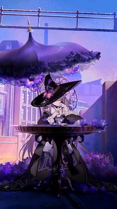 an animated image of a woman sitting at a table with umbrellas over her head