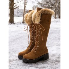 Category:Boots; Upper Materials:Faux Fur,Faux Suede; Season:Fall,Winter; Heel Type:Chunky Heel,Platform; Shaft Circumference:14-16; Gender:Women's; Toe Shape:Round Toe; Type:Fleece Lined,Knee High Boots; Style:Casual,Comfort,Plush; Outsole Materials:Rubber; Occasion:Daily; Closure Type:Lace-up,Zipper; Listing Date:11/29/2024; Production mode:Self-produce; 2024 Trends:Snow Boots; Heel Height(inch):1.97 Winter Footwear, Fur Cuffs, Wool Sweater Men, Mens Outdoor Jackets, Boots Heel, Boots Style, Platform Heels Chunky, 2024 Trends, Snow Winter