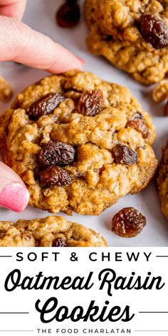 soft and chewy oatmeal raisin cookies with the title above it