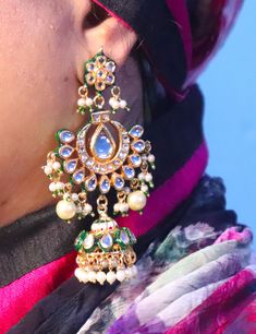 Jadau Jhumka Earrings Jewelry Jewellery Set, Indian Kundan Pearls Traditional Handmade Pearls Style Jhumka Pakistani Jewellery Set Adorn yourself with these beautiful Earrings set and look more beautiful with these beautifully hand-painted earrings. ITEM DESCRIPTION Metal = Gold Plated Occasion = Wedding, Party Wear, Bridal Color = Clear and Yellow Weight = 30 gram each Length = 9 CM Happy Buying :) Festive Round Danglers For Puja, Meenakari Earrings For Puja, Round Shape, Meenakari Round Earrings For Puja, Round Meenakari Earrings For Puja, Meenakari Earrings For Puja, Cutdana Jhumkas For Navratri Celebration, Heavy Dangle Jhumkas For Diwali, Latkan Dangle Earrings For Puja, Meenakari Earrings For Navratri Puja