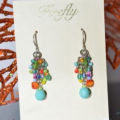 A Ladies Pair Of Antique Silver Plated Firefly Multi-Color Confetti Earrings. The Earrings Are Approximately 1.5 Inches Long Confetti Earrings, Mens Accessories Fashion, Firefly, Cute Jewelry, Crystal Earrings, Custom Fit, Confetti, My Jewellery, Antique Silver