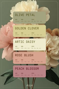 a bunch of flowers that are in some type of color scheme with the words olive petal, golden clover, arctic daisy, rose blush, peach blossom and peach blossom