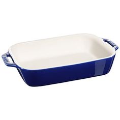 a blue and white casserole dish with handles