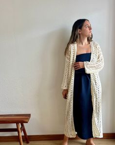 This long cardigan, has a gorgeous crochet stitch 100% handmade. This cotton kimono cardigan has a beautifull open closure. This beige crochet cover up is made with hight quality cotton yarn, anti allergic and super super soft. This amazing maxi cardigan is the gargment that you would want wear it forever! Perfect to wear it with dresses or with a jean! Super comfortable, stylish and versatile! WHICH IS MY SIZE? This long cardigan is available in different sizes.  In order to know which is the p Crochet Boho Cardigan, Crochet Kimono Cardigan, Tricotin Long, Kimono Crochet, Long Cardigan Outfit, Long Crochet Cardigan, Crochet Duster, Gilet Kimono, Long Oversized Cardigan